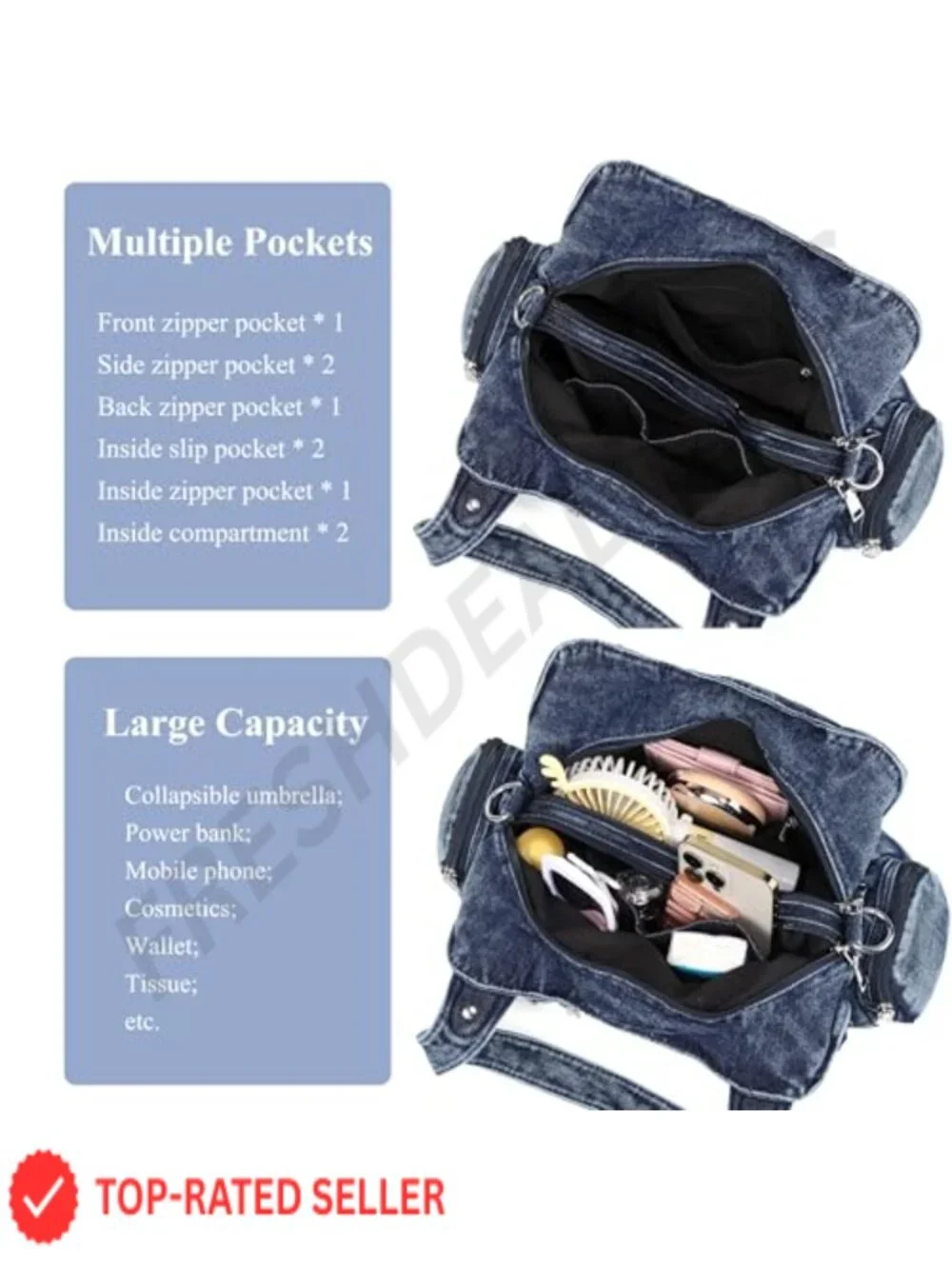 Denim Hobo Handbag with Crossbody Strap - Spacious Women's Tote